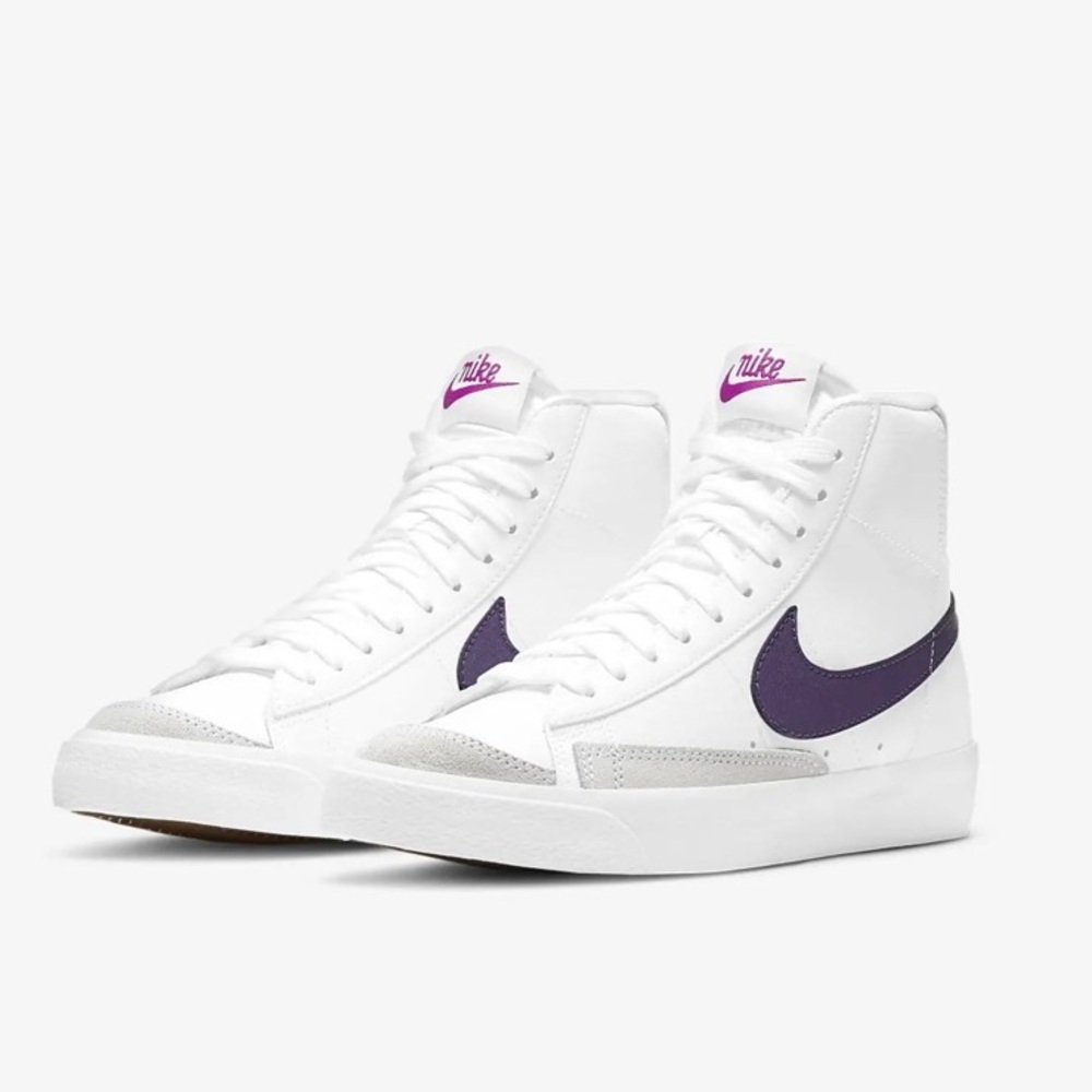 Nike White High-Top Sneakers with Purple Swoosh